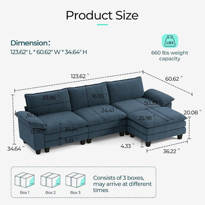 LINSY HOME 123'' Modular Sectional Sofa 3 Seat Couch Corduroy Cloud Couch with Deep Seat, Modern L-Shaped Cloud Couch with 1 Movable Ottoman for Living Room, Office, Bedroom, Blue