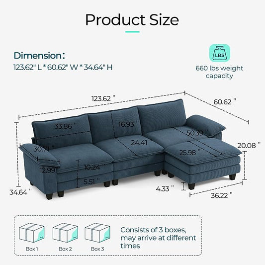 LINSY HOME 123'' Modular Sectional Sofa 3 Seat Couch Corduroy Cloud Couch with Deep Seat, Modern L-Shaped Cloud Couch with 1 Movable Ottoman for Living Room, Office, Bedroom, Blue