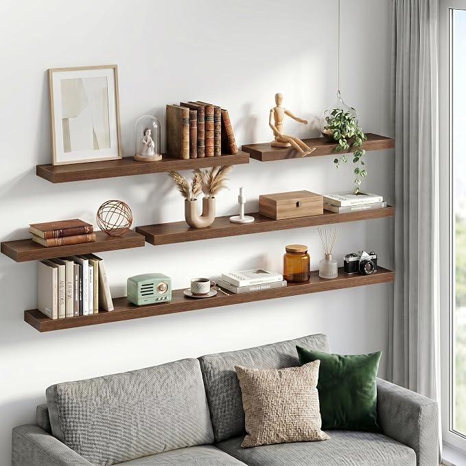 Fun Memories 66 Inch Floating Shelves - Fireplace Mantel Shelf - Deep Wall Mounted Wood Storage Shelf for Bedroom, Kitchen, Farmhouse - 2 Pack, Walnut