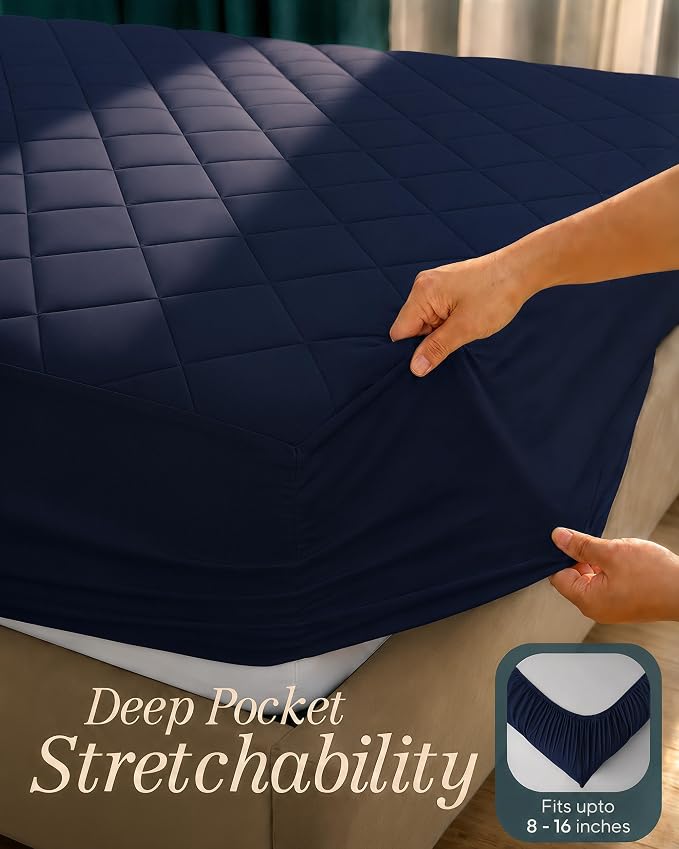 Quilted Fitted Mattress Pad, Twin Mattress Protector Topper with Deep Pocket Stretches up to 16 Inches, Machine Washable Mattress Cover by Utopia Bedding (Navy)