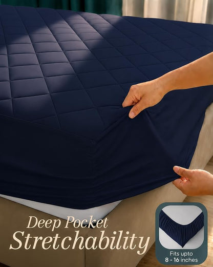 Quilted Fitted Mattress Pad, Full Mattress Protector Topper with Deep Pocket Stretches up to 16 Inches, Machine Washable Mattress Cover by Utopia Bedding (Navy)