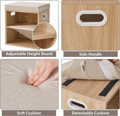 YMYNY Small Shoe Storage Bench with Cushion, 2 Tier Entryway Bench with Storage, Shoe Rack Bench for Entryway, Living Room, Hallway, Closet, Bedroom, 15.4L*11W*16.54H, Light Natural UHBD028R