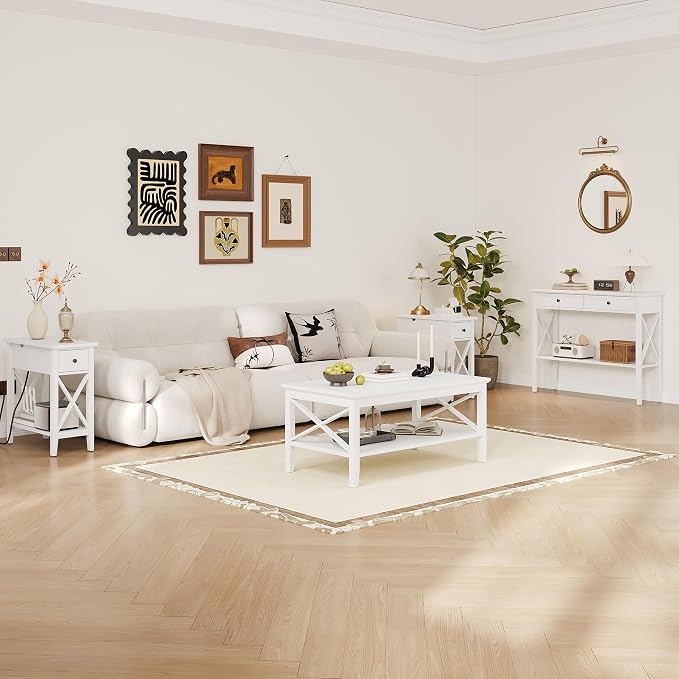 ChooChoo Coffee Table Classic X Design for Living Room, Rectangular Modern Cocktail Table with Storage Shelf, 47 Inch