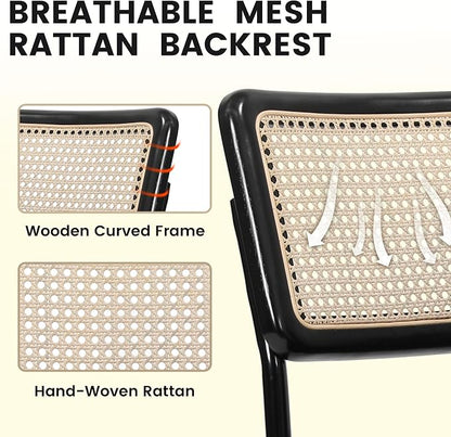 KROFEM Dining Chairs Set of 4,Modern Rattan Kitchen Chairs,Black | Mid Century Modern Design,Polished Chrome Frame,Upholstered Seat