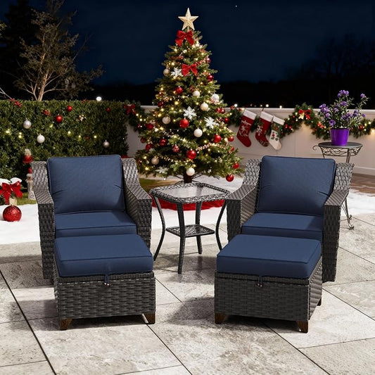 MeetLeisure 5 Pieces Patio Conversation Furniture Set - Swivel Chairs with Ottomans Set of 2, 1 Side Table, Outdoor Wicker Furniture Set with Washable Cushions for Porch, Balcony, Sunroom (Navy Blue)