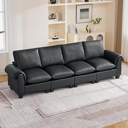 118" Faux Leather Modular Sectional Upholstered Sofa, Oversized 4 Seater Couch with Curved Armrests, Cloud Modern Upholstered Deep Seat Sofa for Living Room, Black