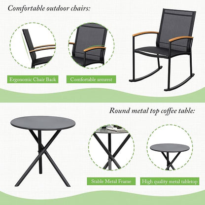 Shintenchi 3 Pieces Patio Rocking Bistro Sets,Outdoor Textilene Fabric Conversation Bistro Set,Front Porch Rocker Chairs Small Patio Furniture Set with Table for Lawn,Garden,Balcony(Black)
