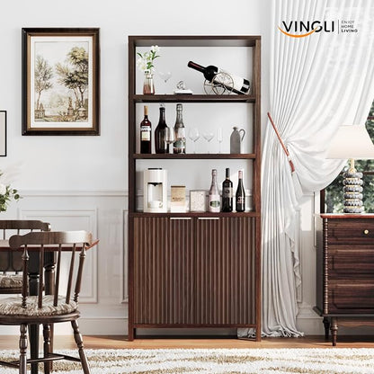 VINGLI Bookcase with Fluted Doors, 71" Wood Storage Cabinet with Adjustable Shelves, 6-Tier Display Cabinet Bookshelf for Study, Living Room, Home Office, Kitchen Pantry, Walnut
