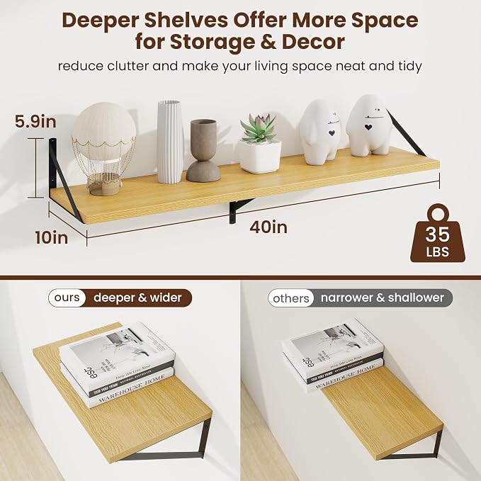 Axeman Deep Floating Shelves | 40 Inch Oak Wall Shelves Set of 2 | 10 Inch Deep Rustic Wood Shelves for Wall | 40'' W x 10''D Oak Shelves for Living Room Bathroom Kitchen