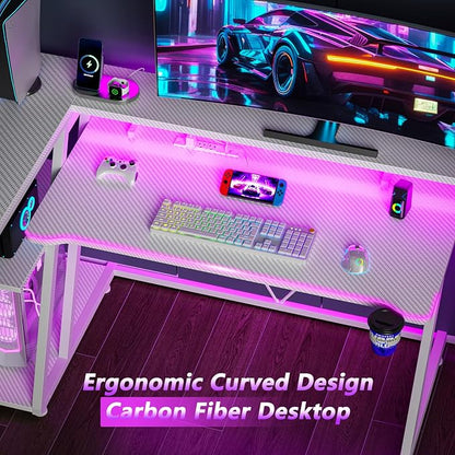 Korfile 40 Inch Gaming Desk with Power Outlet & LED Lights, L Shaped Computer Gaming Table with 3 Tiers Storage Shelves, Corner Gamer Desk with Monitor Stand for Small Space, Carbon Fiber White