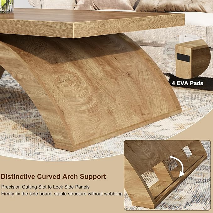HSH 47" Modern Rectangle Wood Coffee Table for Living Room, Arched Base | Large Rectangular Center Table, Low Table with Sculptural Arched Base, Annual Ring Wood Grain, 200 lb Capacity, Easy Assembly