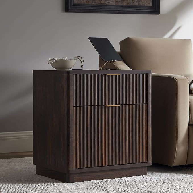 T4TREAM 23'' Fluted Nightstand with Charging Station, Large 2 Drawer Side Table, Modern End Table with Storage, Mid Century Bedside Table for Bedroom, Living Room, Curved Profile, Dark Walnut