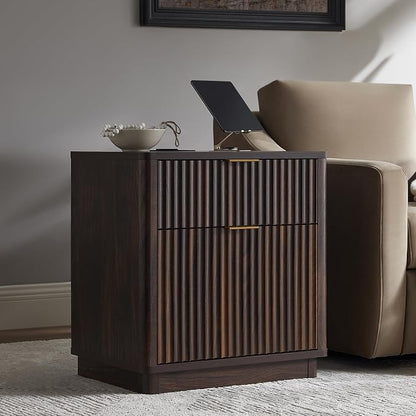 T4TREAM 23'' Fluted Nightstand with Charging Station, Large 2 Drawer Side Table, Modern End Table with Storage, Mid Century Bedside Table for Bedroom, Living Room, Curved Profile, Dark Walnut
