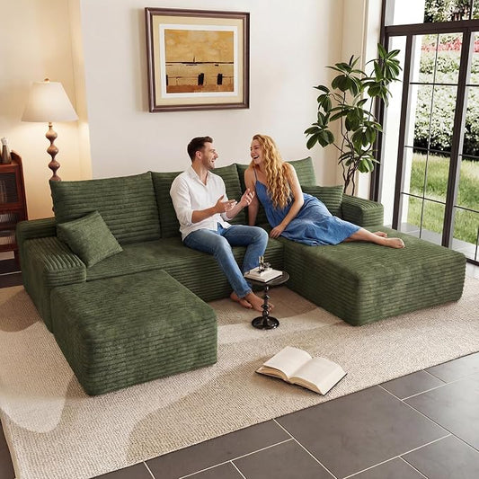 95" Cloud Sectional Couch U-Shaped Chaise with Ottoman, Corduroy Boneless Couch for Living Room Bedroom, Deep-Seat Upholstered Modular Cloud Sofa, No Assembly Required (Green, Right Facing Chaise)