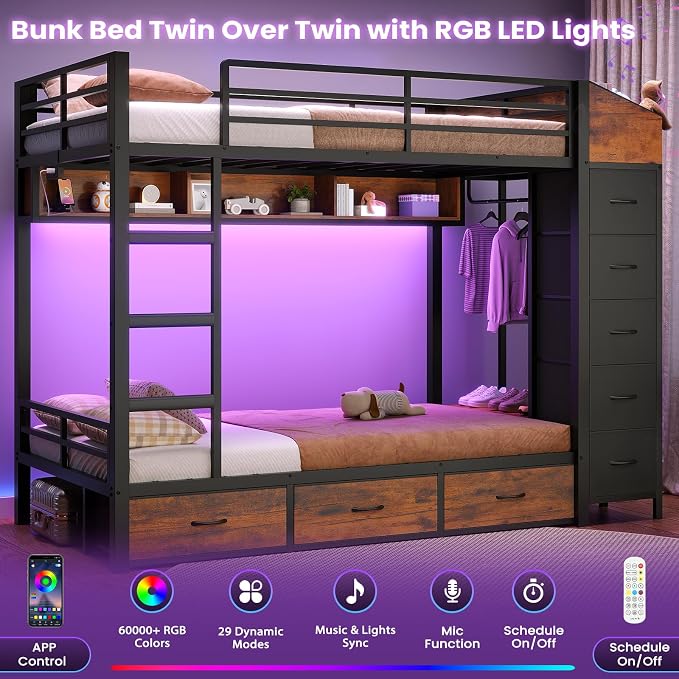 VIAGDO Bunk Bed Twin Over Twin with 8 Storage Drawers and Power Outlets, LED Twin Bunk Beds with Hall Tree and Shelves, Metal Bunk Beds with Safety Guardrail & Ladder for Dorms, Kids, Black