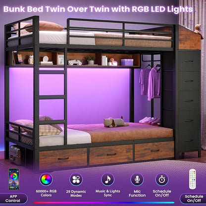 VIAGDO Bunk Bed Twin Over Twin with 8 Storage Drawers and Power Outlets, LED Twin Bunk Beds with Hall Tree and Shelves, Metal Bunk Beds with Safety Guardrail & Ladder for Dorms, Kids, Black