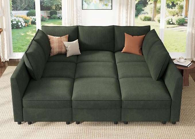 HONBAY Modular Sectional Sleeper Sofa with Storage, Modular Convertible Sectional Couch Bed Module Sleeper Couches for Living Room - Green