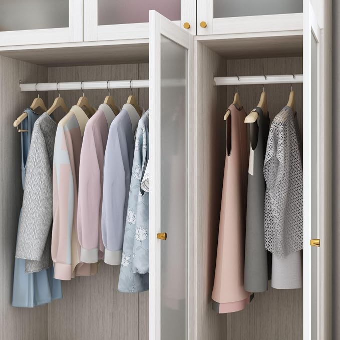 MOUMON Wide Modern Bedroom Armoires with Frosted Glass Doors and Hanging Rod, Tall Wardrobe with Drawers, Large Armoire Wardrobe Closet, Wood Grain 63" W x 19.7" D x 86.6" H