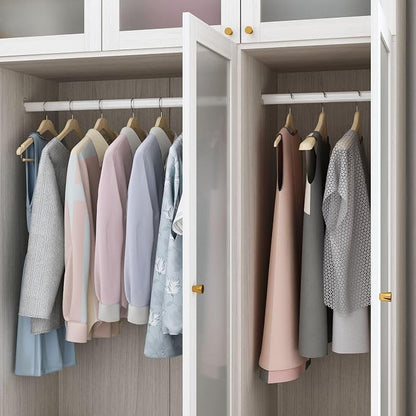 MOUMON Wide Modern Bedroom Armoires with Frosted Glass Doors and Hanging Rod, Tall Wardrobe with Drawers, Large Armoire Wardrobe Closet, Wood Grain 63" W x 19.7" D x 86.6" H