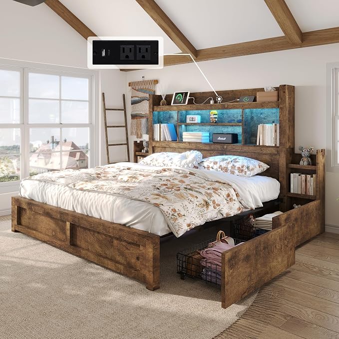 LUXOAK California King Bed Frame with 49.6" Bookcase Headboard & 2 Bedside Stoage Racks & 4 Drawers, Farmhouse Wood Bed Frame with RGB LED & Charging Station, No Box Spring Needed, Rustic Brown
