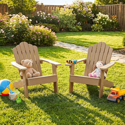 Costzon Kids Adirondack Chair, All-Weather HIPS Toddler Outdoor Chair, Wooden Textured Plastic Fire Pit Chair, Kids Patio Chair for Backyard Lawn Garden, Fits Children Age 3-7 Years (1, Teak)