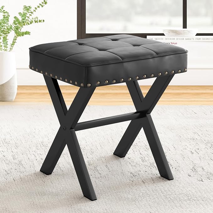 LUE BONA Vanity Stool - Square Faux Leather Makeup Seat With Metal X Legs, Small Ottoman Chair for Makeup Room, Living Room - Modern Padded Foot Rest, Black