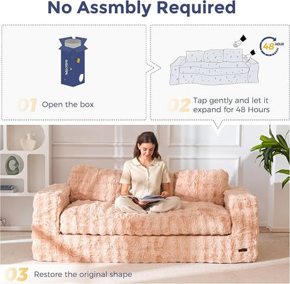 MAXYOYO 3 Seater Sofa for Living Room, Tufted Boneless Couch Bubbled Sofa Couch, Comfy Bean Bag Chair for Bedroom Apartment, No Assembly Needed, Pink