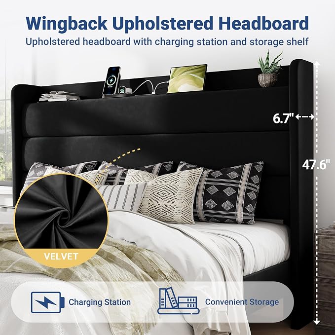 Allewie King Size Upholstered Bed Frame with Charging Station & Storage Headboard, Soft Velvet Wingback Platform Bed, Strong Wooden Slats Support, No Box Spring Needed, Easy Assembly, Black