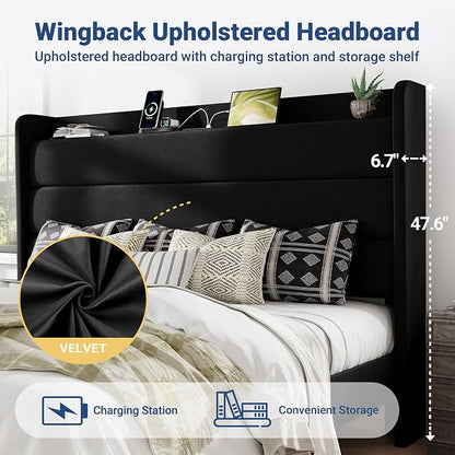 Allewie King Size Upholstered Bed Frame with Charging Station & Storage Headboard, Soft Velvet Wingback Platform Bed, Strong Wooden Slats Support, No Box Spring Needed, Easy Assembly, Black