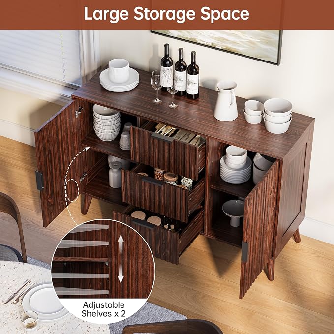 47.2" Fluted Sideboard Buffet Cabinet with 3 Drawers, Walnut Modern Buffet Cabinet with Storage, Large Storage Cabinets with 2 Doors Accent Credenza for Living Room|Kitchen|Entryway