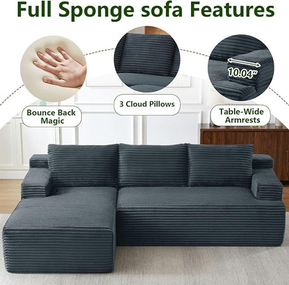 96" Modular Sectional Sofa, Modern Corduroy Cloud Couch, Boneless Couch Upholstered 3-Seater L-Shaped Sofa for Living Room, No Assembly Required (Dark Grey, Left-Facing Chaise)