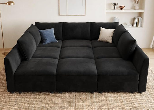 HONBAY Modular Sectional Sleeper Sofa with Storage Modular Convertible Sectional Couch Bed Modular Sectional Couches for Living Room,Black