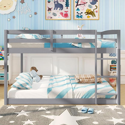 Giantex Full Over Full Bunk Bed, Solid Wood Kids Bunk Bed with Full-Length Guardrails, Integrated Ladder & Anti-Tippling Kits, Low Bunk Beds with Slats Support for Kids, Teens, Grey