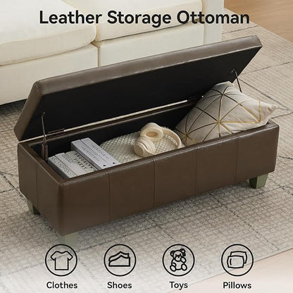 WUTUTUEE 41" Faux Leather Storage Ottoman, Stitch Tufted Rectangle Upholstered End of Bed Storage Bench, Entryway Large Couch Ottoman with Wooden Legs, Coffee