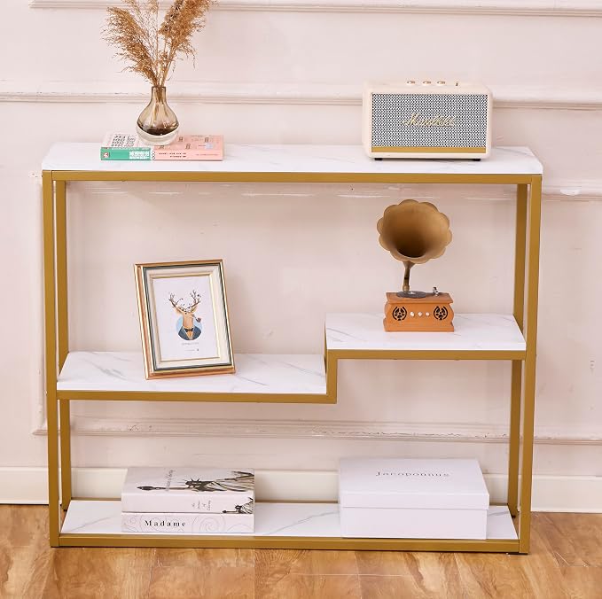 loglus Console Table for Entryway, Faux Marble MDF Sofa Table with Golden Frame, White Marble, 9.45" D x 38.18" W x 31.22" H