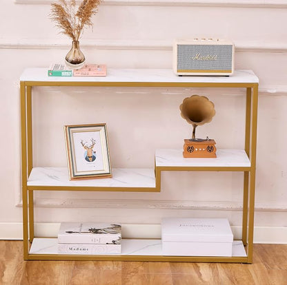 loglus Console Table for Entryway, Faux Marble MDF Sofa Table with Golden Frame, White Marble, 9.45" D x 38.18" W x 31.22" H