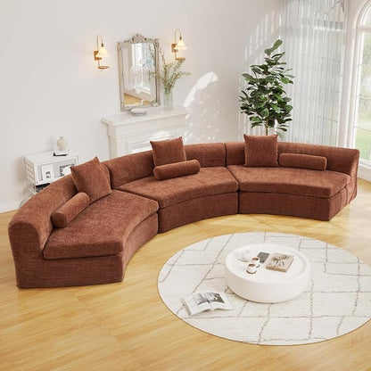 AVZEAR Curved Modular Sectional Sofa, Chenille Upholstered Cloud 3 Seater Couch for Living Room, No Assembly Modern Love Seat Sofa with 3 Bolster Pillows & 3 Square Pillows, High-Density Foam, Orange
