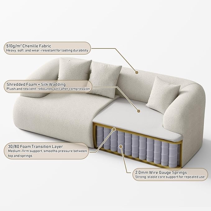 Boneless Couch Set, 91" + 75'' Cloud Couch Set, Chenille Curved Sofa, Modern Compression Sofa for Living Room, Bedroom and Apartment, No Assembly Required, Beige White
