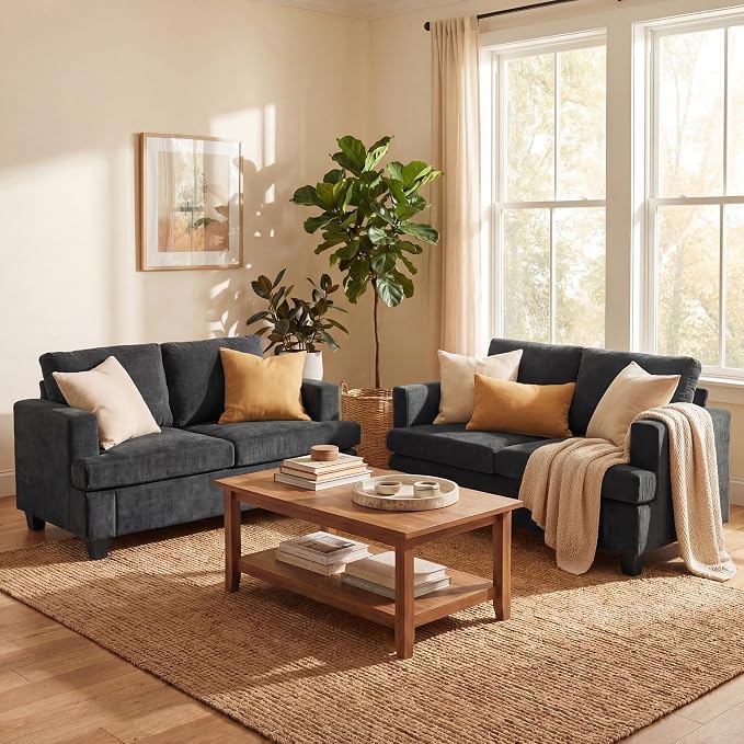 YOUDENOVA 2 Piece Set Comfy Sofa Couch, Loveseat Sofa * 2 with Deep Seats, Modern Sleeper Couch for Living Room, Dark Grey Chenille