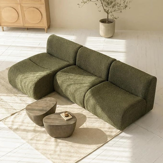 102" Curved Sectional Couch with Chaise Lounge, 3-Seat Reversible L-Shaped Sofa, Deep Seat Sherpa Boneless Modular Couches, Modern Curved Sofas for Living Room – No Assembly, Green