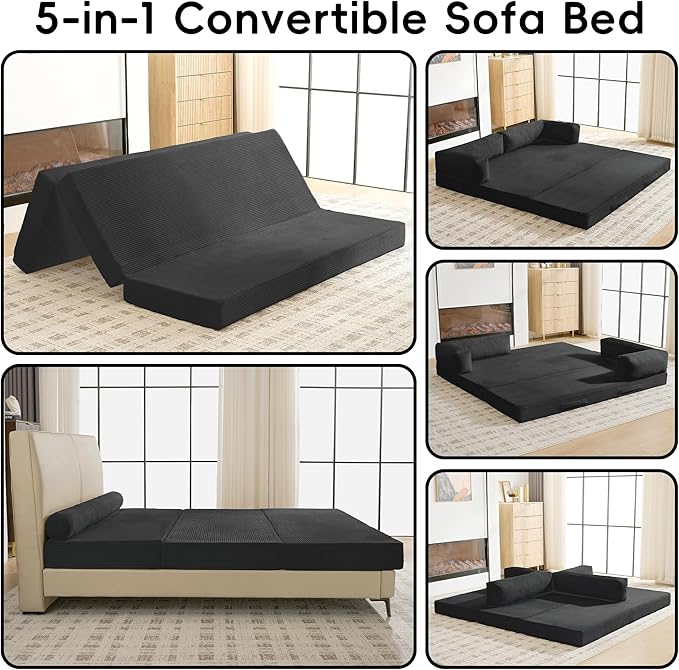60" Boneless Couch, 5-in-1 Convertible Sofa Bed Tri Folding Mattress with Removable L-Shaped Armrests, Corduroy Futon Couch Sleeper with Pull Out Bed for Living Room Bedroom Apartment, Black