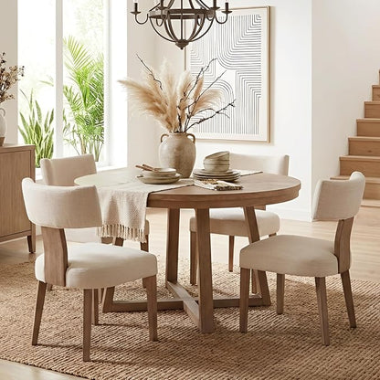 HNY Mid Century Modern Dining Chairs Set of 2, Upholstered Linen Kitchen & Dining Room Chairs with Ergonomic Curved Backrest, Solid Wood Legs, Farmhouse Accent Chair for Home, Apartment, Beige