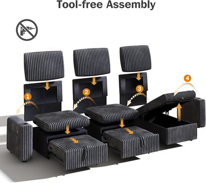 Sunny Heart 101" Plush Corduroy L Shaped Sectional Sleeper Sofa Bed with Pull Out Bed, Reclining Backrest, Reversible Storage Chaise, USB Ports, Cup Holders, Tool Free Assembly, Darke Grey
