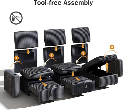Vipbear 101" Sectional Sleeper Sofa with Pull Out Bed,5-Level Adjustable Backrest,3 Seat Modular Couch with Storage,Tool Free Assembly,USB & Cup Holders, Corduroy Sofa for Living Room, Dark Gray