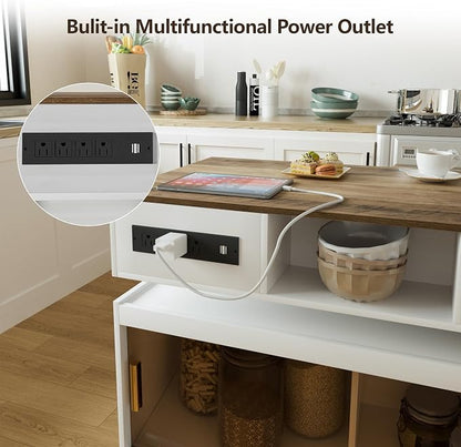 Kitchen Islands with Extendable Dining Table Rolling Islands Power Outlet Mobile Storage Islands Cart on Wheels with Drawers and 2 Side Open Shelves for Dining Room, White