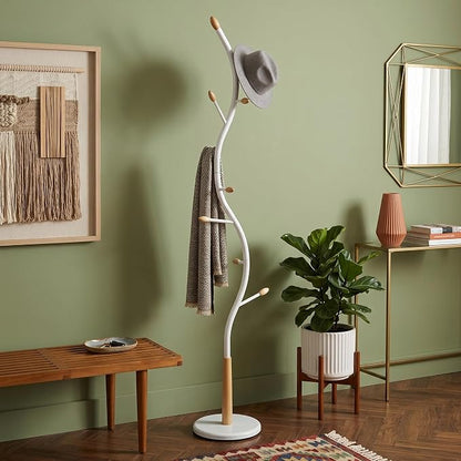 Roundhill Furniture Arles Metal Whtie and Oak Standing Coat Rack
