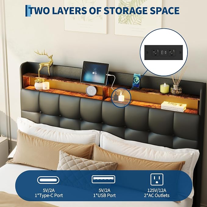 IDEALHOUSE Full Size Upholstered Bed Frame Fabric with Storage Drawers and LED Lights, Headboard and Frame for Cozy Bedroom Sets Upgrades