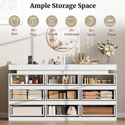 Vipbear 9 Drawer Dresser for Bedroom 63" White Dresser with LED RGB Lights | Double Modern Wood Chest of Drawers for Closet w/ Charging Station Organizer Closet Storage Cabinet TV Stand for Living Room