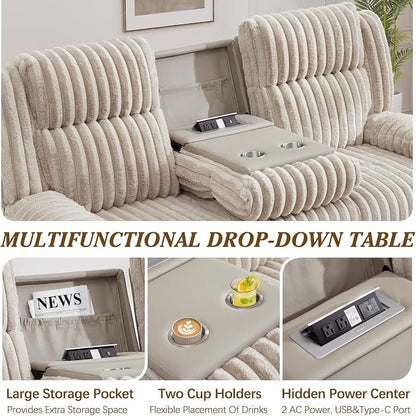 Oversized Reclining Sofa with Flip-Up Middle Backrest, Manual 3 Seater Recliner Sofa, Wall Hugger Recliner Couch with Outlets/USB Ports for Living Room, Bedroom(Beige, Sofa)