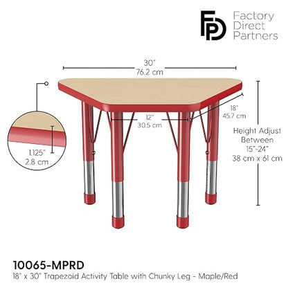 FDP Trapezoid Activity School and Classroom Kids Table (18 x 30 inch), Chunky Toddler Legs for Collaborative Seating Environments, Adjustable Height 15-24 inches - Maple Top and Red Edge